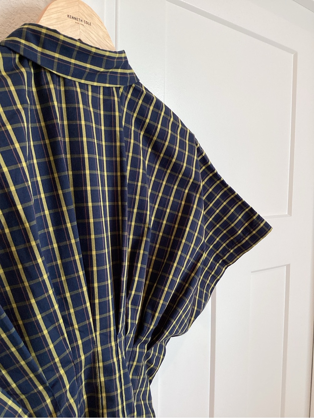 Exquise Tobie Short-Sleeve Pleated Mini Shirt Dress Navy Plaid Anthropologie - Picture 12 of 13